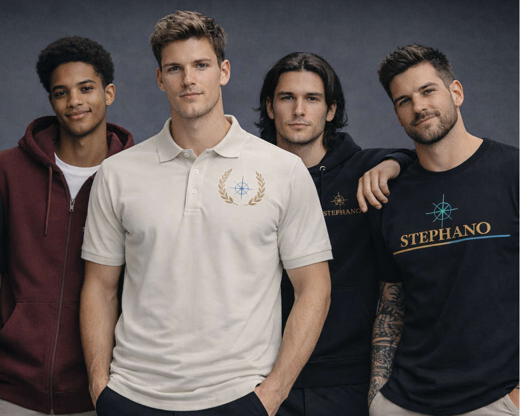 Gezamenlijke mockup van vier modellen in Stephano herenkleding, waaronder T-shirts, een polo en hoodies. De kleding heeft subtiele logo’s met een kompasmotief en luxe uitstraling, gefotografeerd in een studio met donkere achtergrond.