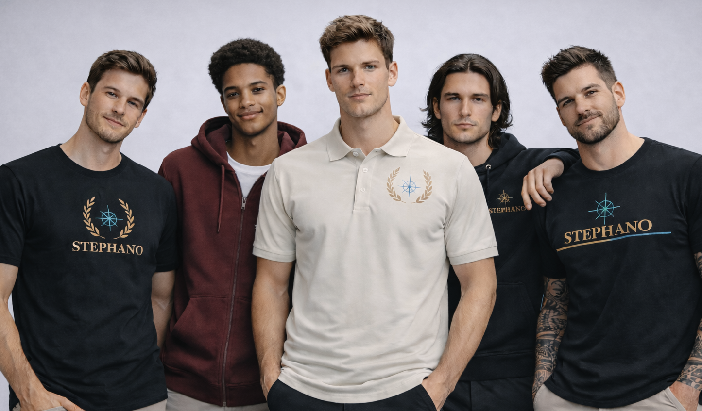 Stephano herenkleding mockup met vijf modellen in premium T-shirts, polo en hoodie. Zwart, beige en bordeaux kleuren met geborduurd poolster, luxe en moderne uitstraling.
