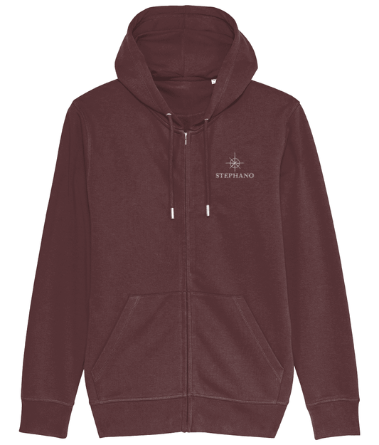 Voorzijde van een burgundy Stephano heren zip hoodie met capuchon, rits en logo op de borst rits