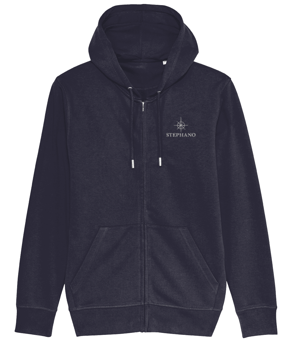 Voorzijde van een navy Stephano heren zip hoodie met capuchon, rits en logo op de borst rits