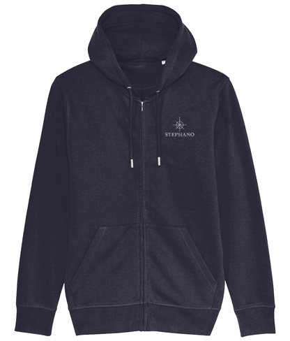 Voorzijde van een navy Stephano heren zip hoodie met capuchon, rits en logo op de borst rits