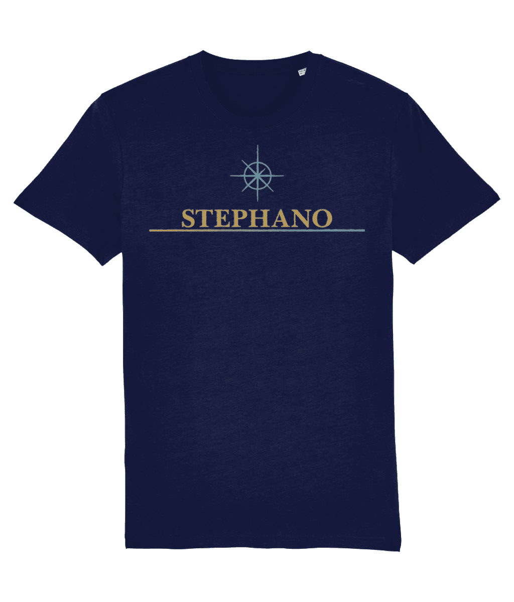 navy Stephano T-shirt met logo op de borst, studiofoto met lichte achtergrond en casual uitstraling.